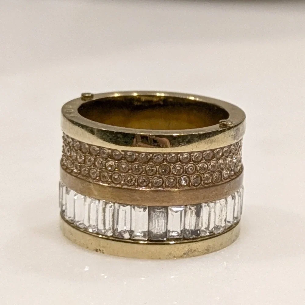 Michael Kors Brilliance Pave Barrel Ring Cigar Band Statement Gold Crystal